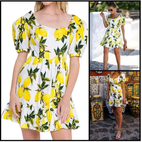 Lemon Puff Sleeve Mini Dress - Picture 1 of 7
